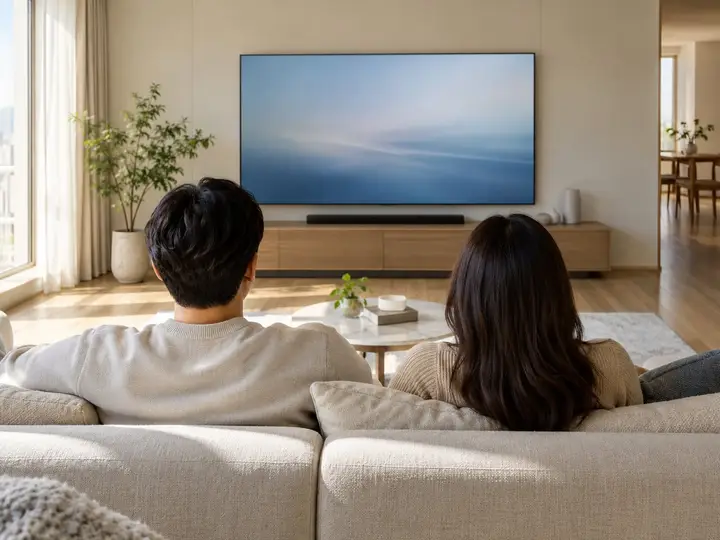 거실 소파에서 TV를 보는 뒷모습