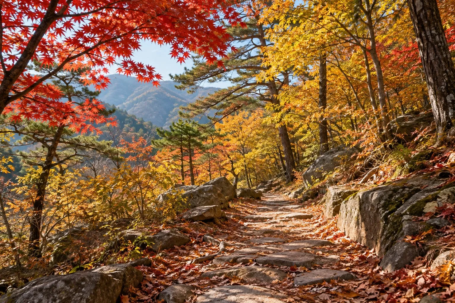 한국 산길의 붉은 단풍
