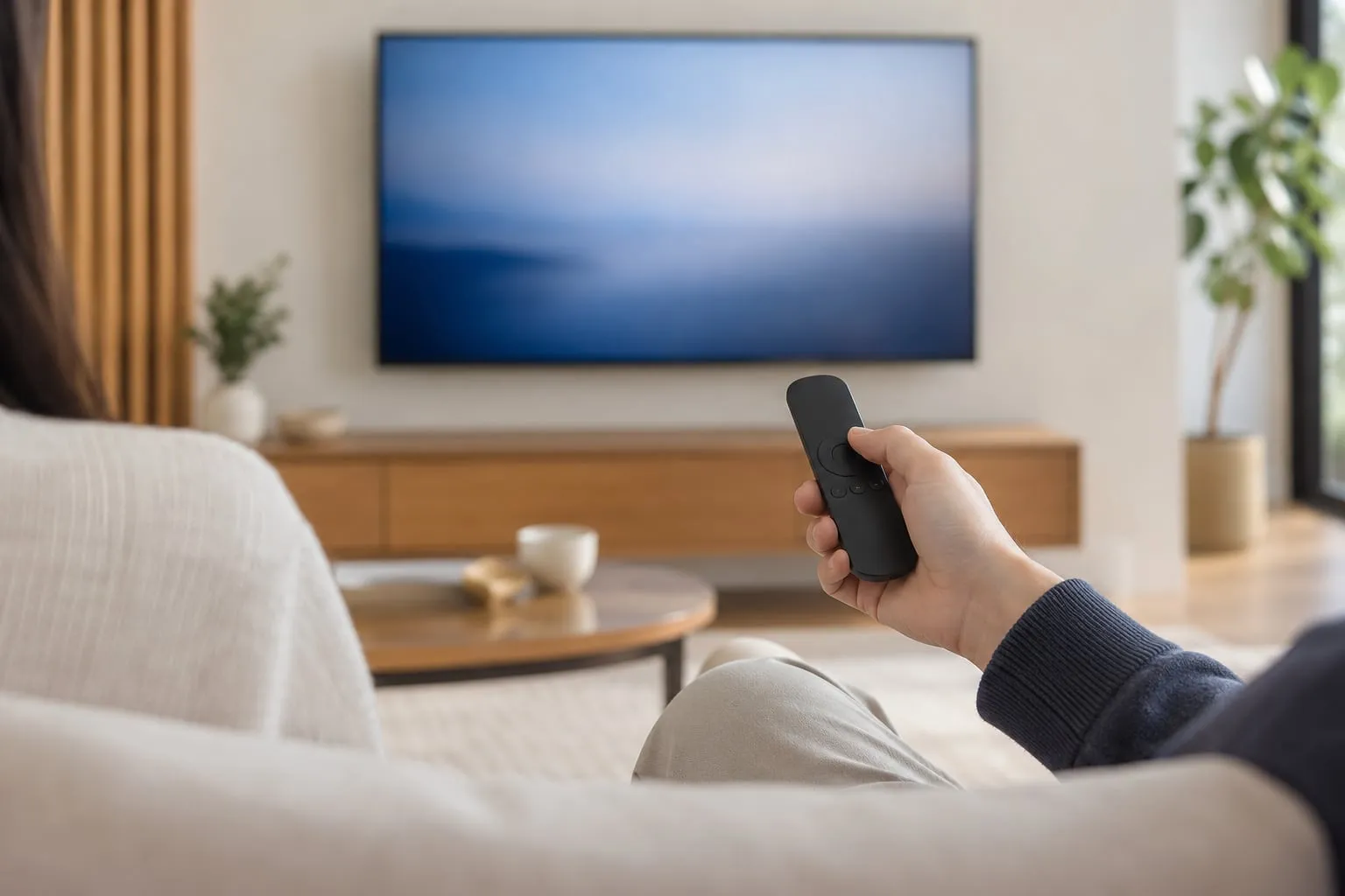 소파에서 리모컨을 든 손과 TV