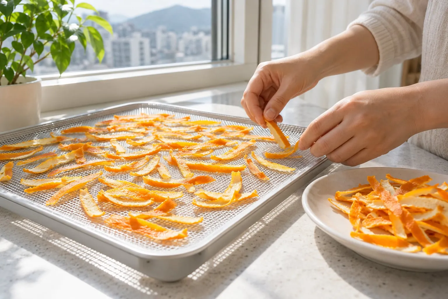 얇게 썬 귤껍질을 채반에 겹치지 않게 펼치는 손